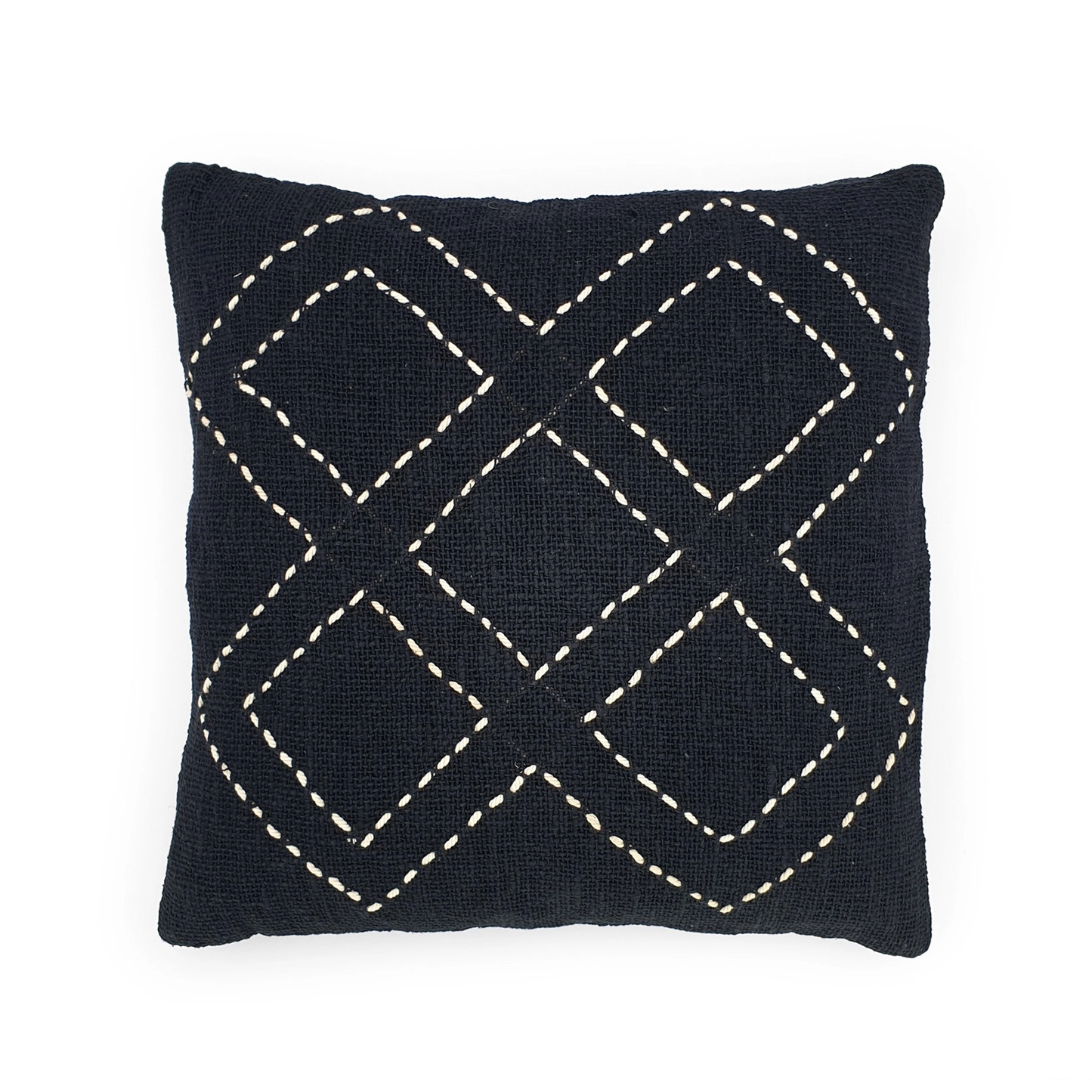 Front view of the a black modern double diamond cushion with white stitching.