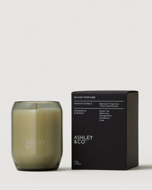 Ashley & Co Parakeets & Pearls Waxed Perfume Candle with it's box alongside it on a white background