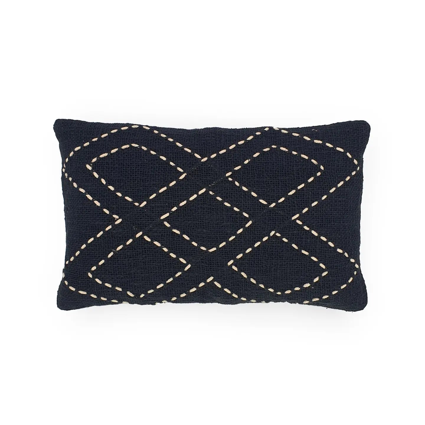 A black cushion with a geometric diamond pattern stitched in white, with a visible textured pattern and white stitching.
