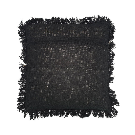 Back view of sustainably made Balinese hand-stitched black cushion with decorative fringe.
