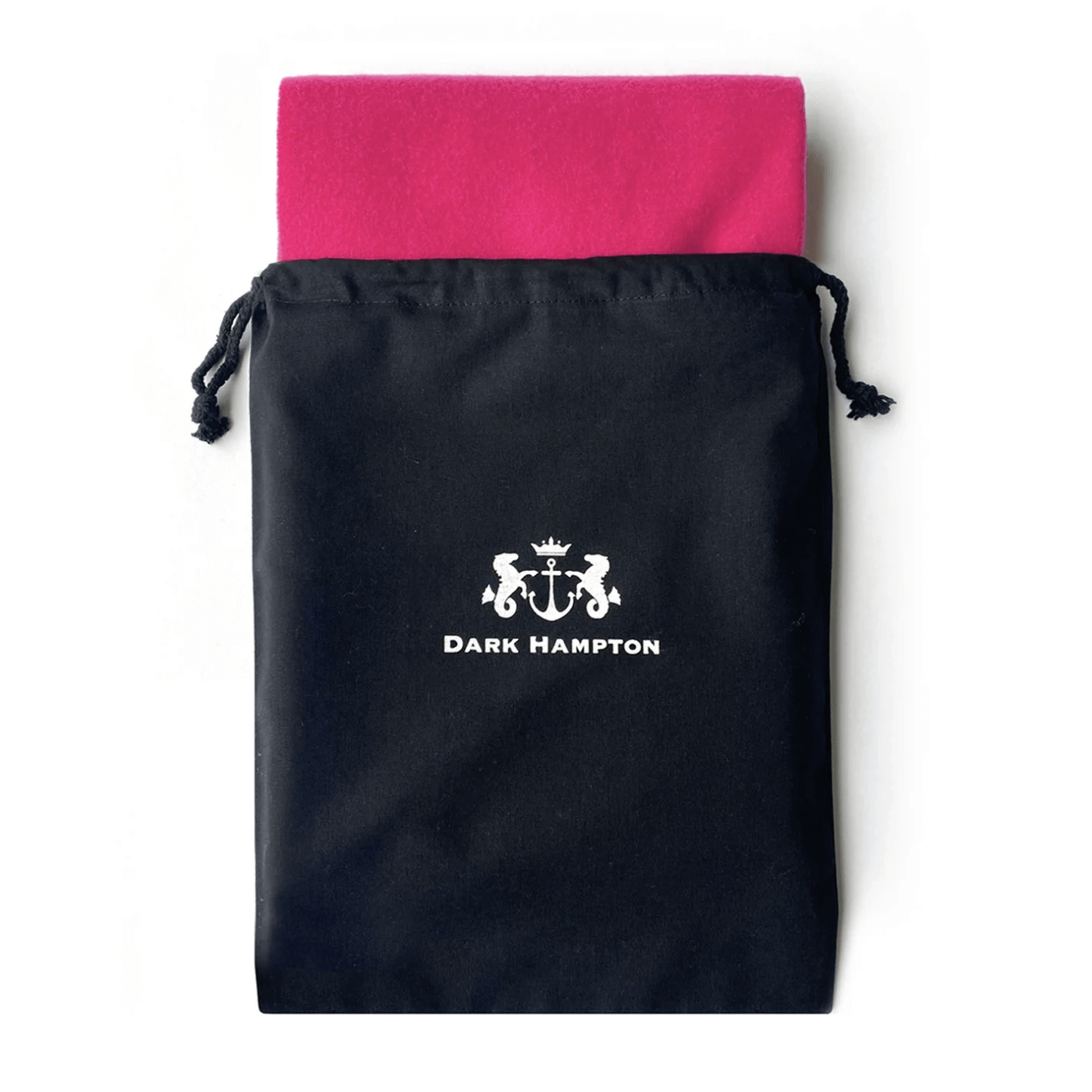 The Dark Hampton Cooper Wool Blanket Scarf as it arrives in a black branded dust bag.