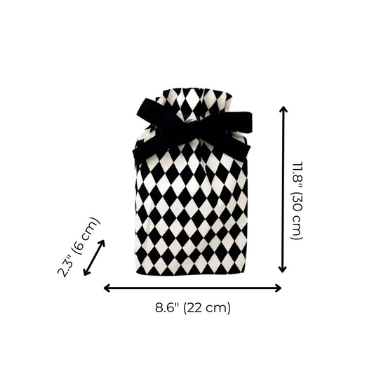 Chic reusable gift wrap bag with recycled PET grosgrain ribbon with measurements on display