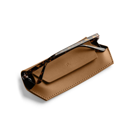 Fox and Leo tan glasses case in soft leather, ideal for sunnies or specs.