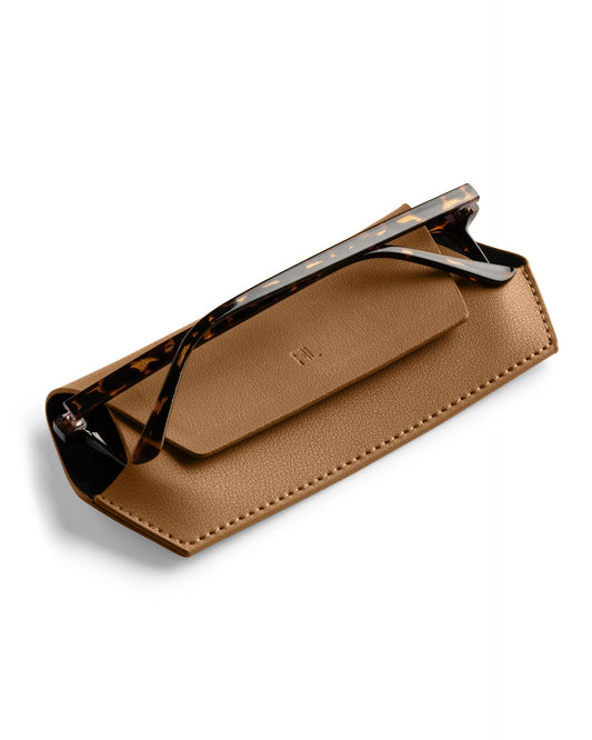 Fox and Leo tan glasses case in soft leather, ideal for sunnies or specs.