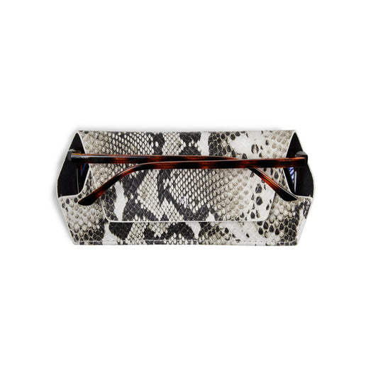 Fox & Leo snake print leather glasses case displayed on a neutral background.
