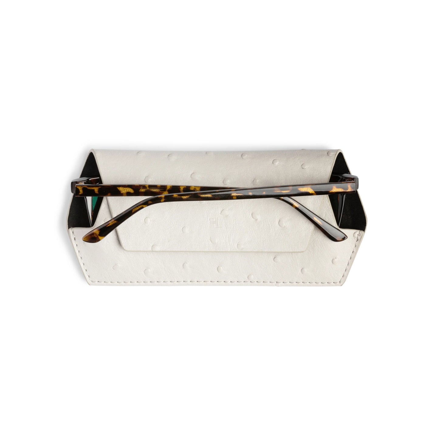 Ostrich print leather glasses case with textured finish, perfect for everyday use.
