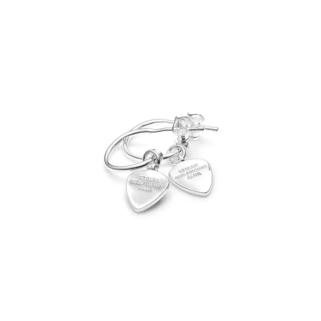 A pair of Stolen Girlfriends club Guitar Pic Earrings in Sterling Silver on a white background.