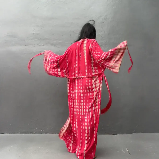 Back view of our oversized bamboo kimono gown in pink tie-dye, 150 cm length and chest.