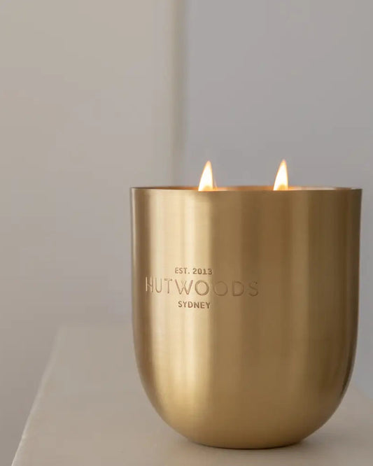Close-up of wood wick burning in Hutwoods Cedar Leaf & Vanilla Bean Candle