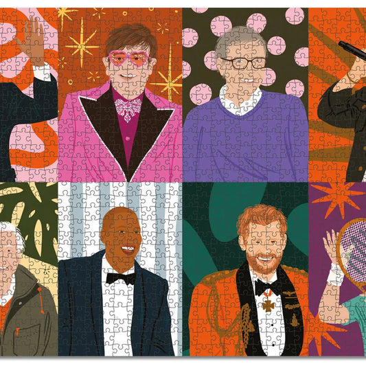 Assembled Hey Man jigsaw puzzle featuring famous figures in bold art style (70 × 50 cm).