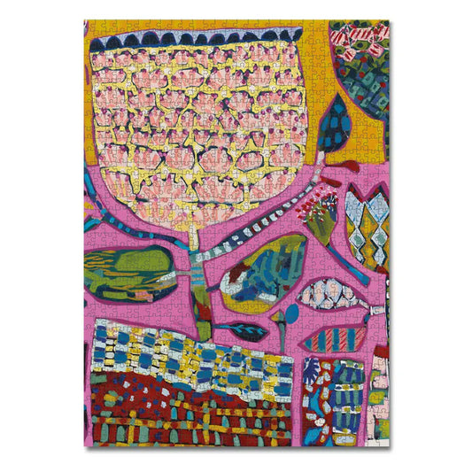 Assembled Mexicana puzzle in vibrant hues, 70 × 50 cm, eco-friendly recycled paper.