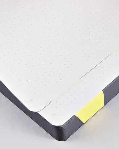 The inside of the Nuuna Best Plan No Plan notebook highlighting the dot grid pages and the design continuation on the edge of the pages.