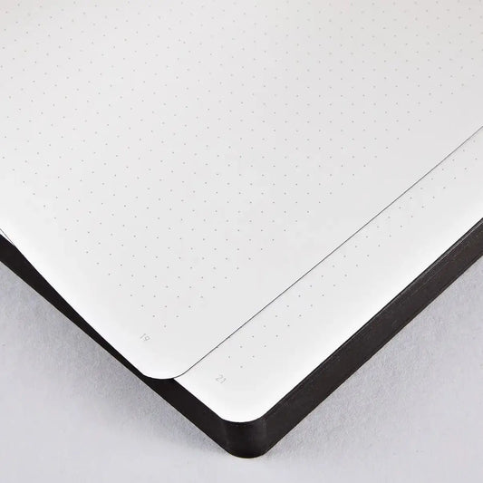 View of the notebooks pages showcasing the dot grid page design and the black page edges. Tres chic.