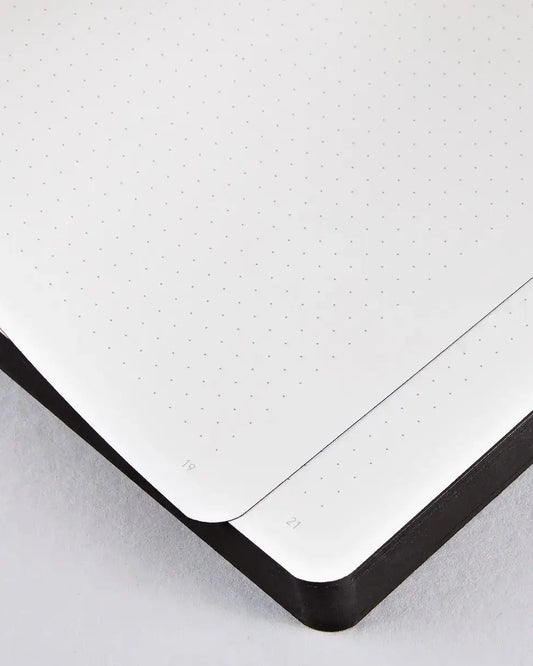 View of the notebooks pages showcasing the dot grid page design and the black page edges. Tres chic.