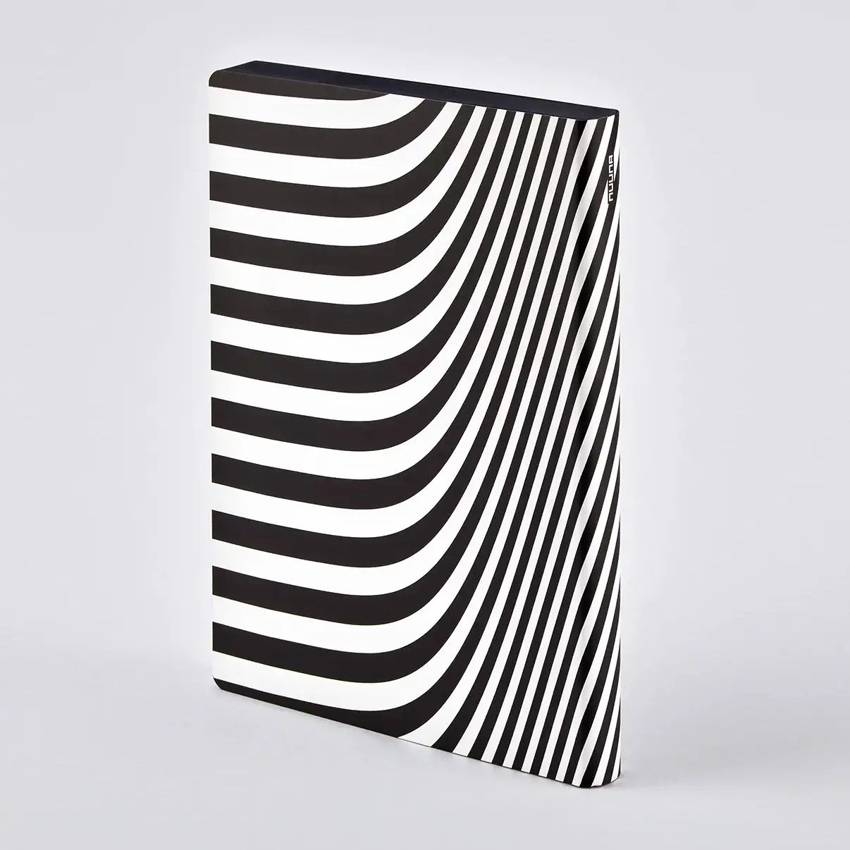 A black-and-white striped graphic notebook with a sleek, modern design.
