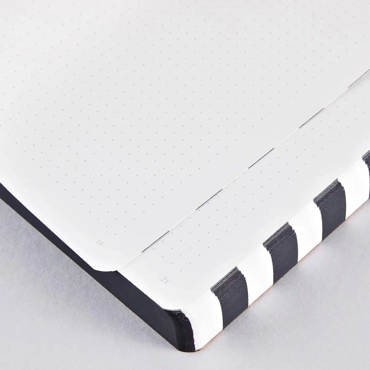 Internal pages of the Nuuna Prêt-À-Écrire stripped notbook showing the dot grid on the internal pages and the continuous strip along the page edges.