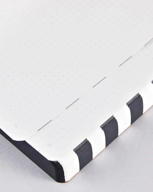 Internal pages of the Nuuna Prêt-À-Écrire stripped notbook showing the dot grid on the internal pages and the continuous strip along the page edges.