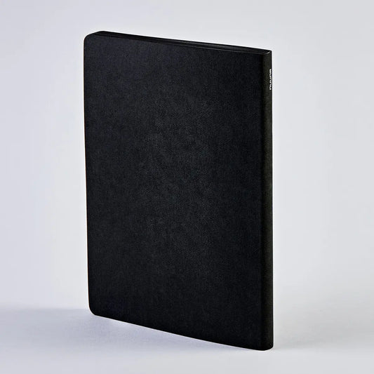 Nuuna black Rebel with a Cause notebook as seen from behind... plain black back cover... also this is vegan leather with 176 pages.