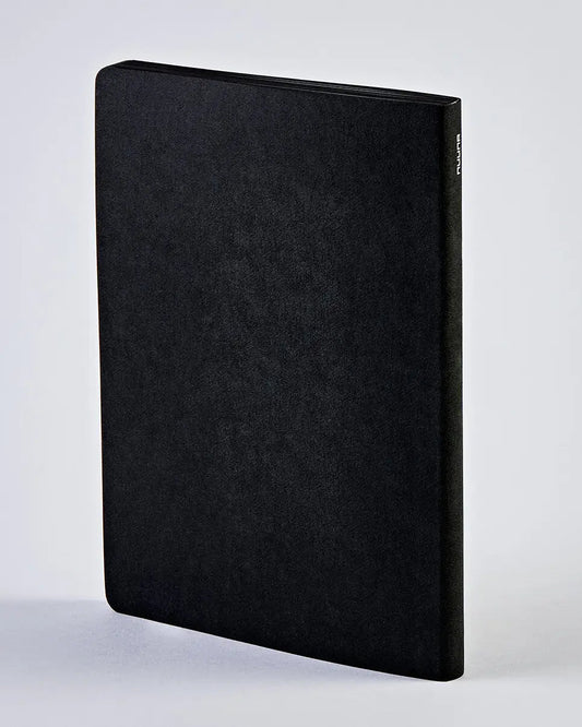 Nuuna black Rebel with a Cause notebook as seen from behind... plain black back cover... also this is vegan leather with 176 pages.