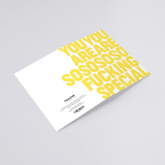 German-designed luxe greeting card with bold message and yellow envelope.