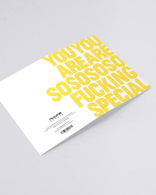German-designed luxe greeting card with bold message and yellow envelope.