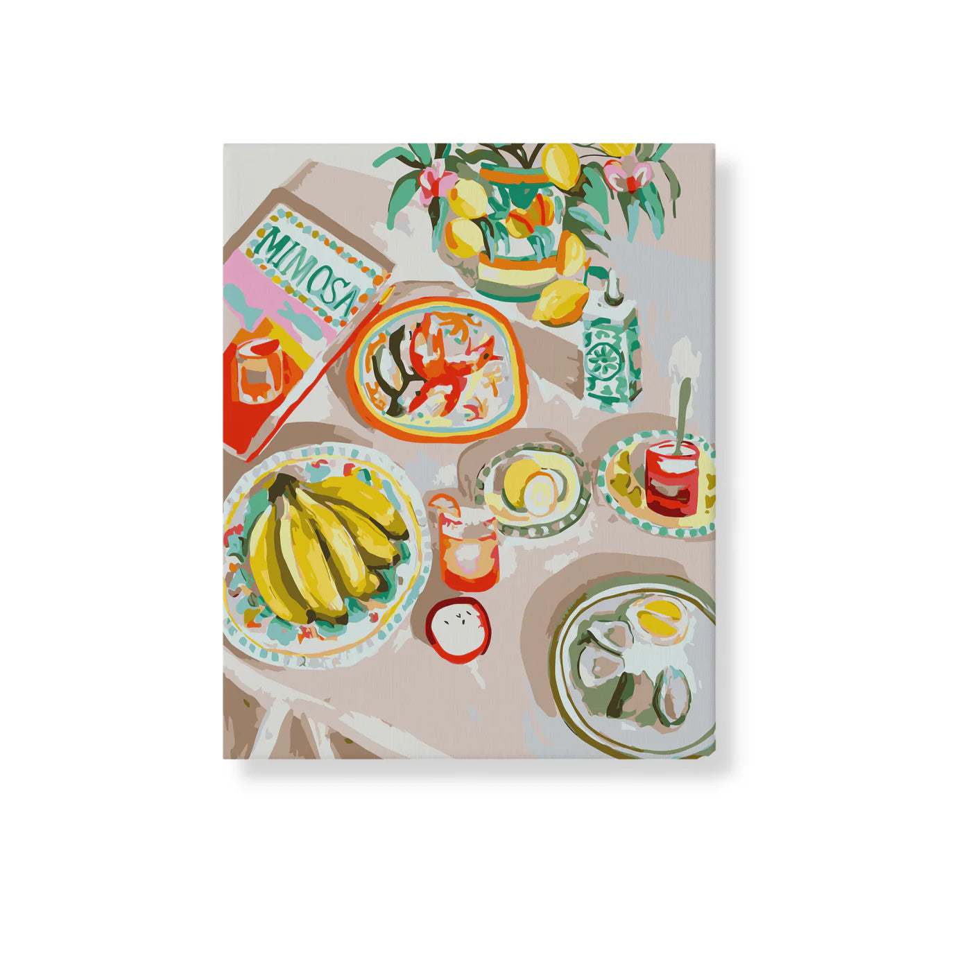 A paint-by-numbers kit image featuring a colourful depiction of a meal with prawns, bananas, and oysters on a table, framed and ready to hang.