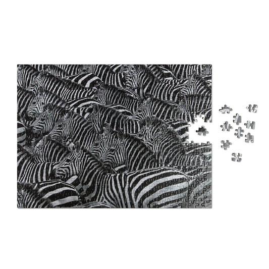 Partially assembled zebra puzzle showcasing intricate stripe details
