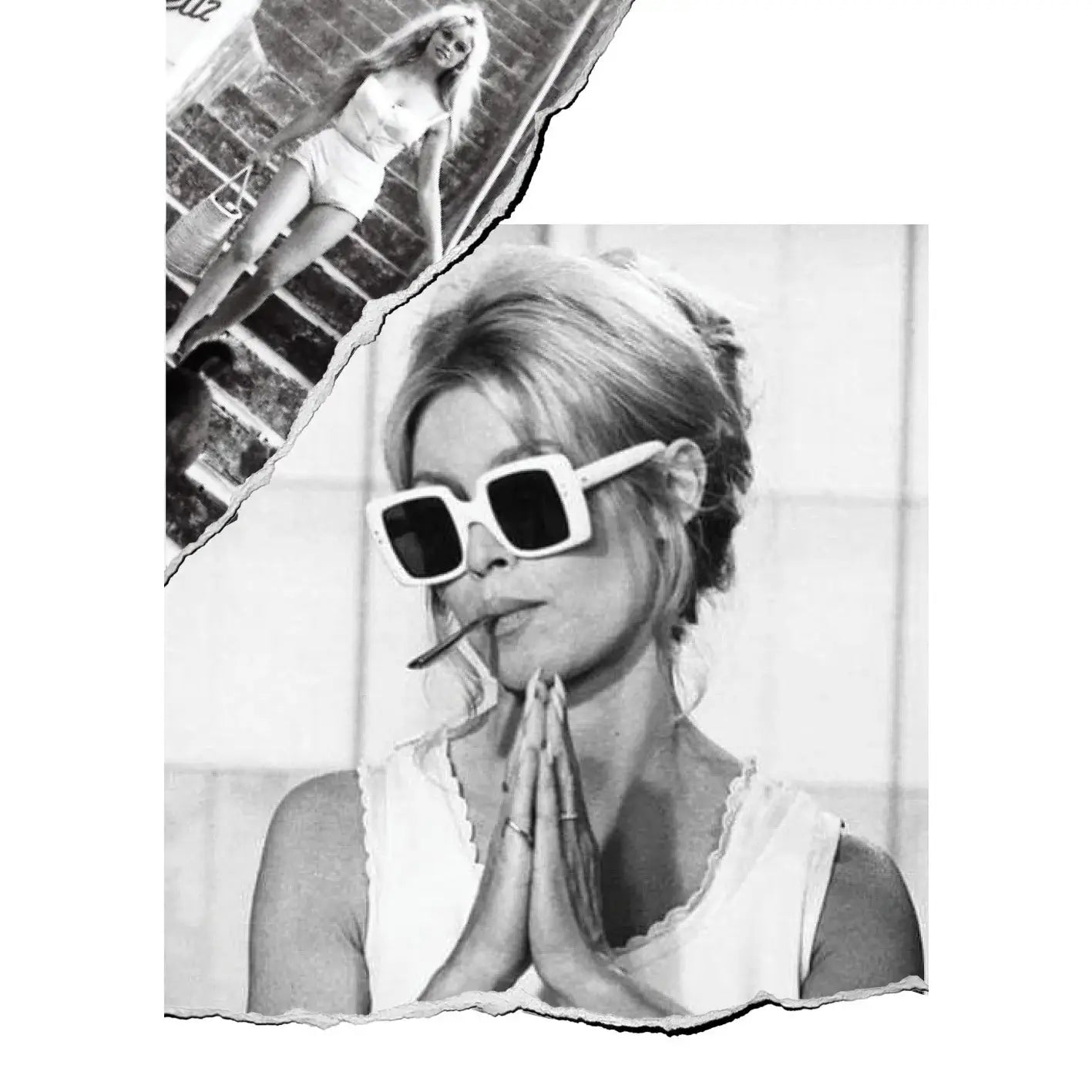 A collage of two cute vintage black and white Brigitte Bardot photos showing her wearing cool big sunglasses.