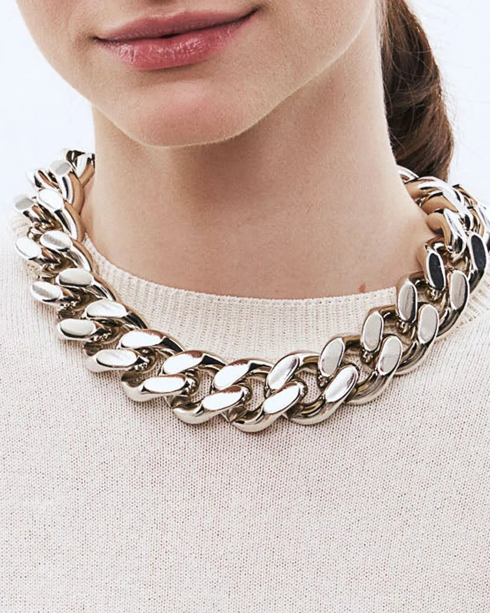 Vanessa Baroni silver big flat chain necklace handmade in Italy, a statement designer necklace and luxury gift for women
