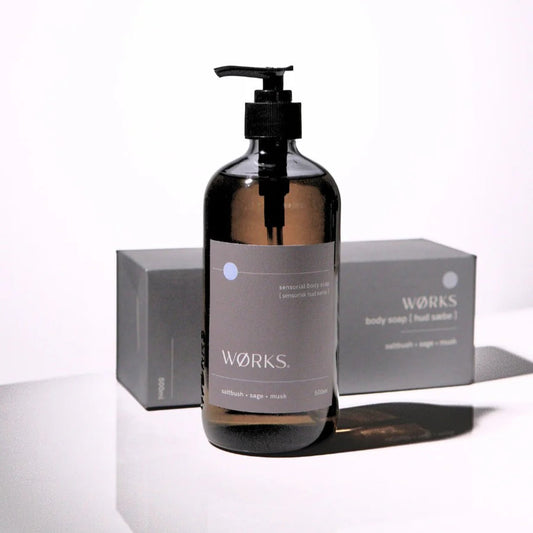 WØRKS saltbush and sage body wash, luxury daily cleanser.