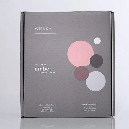 WØRKS amber and lavandin liquid body soap, luxury hydrating wash.
