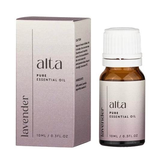 Alta lavender pure essential oil bottle and box on a white background