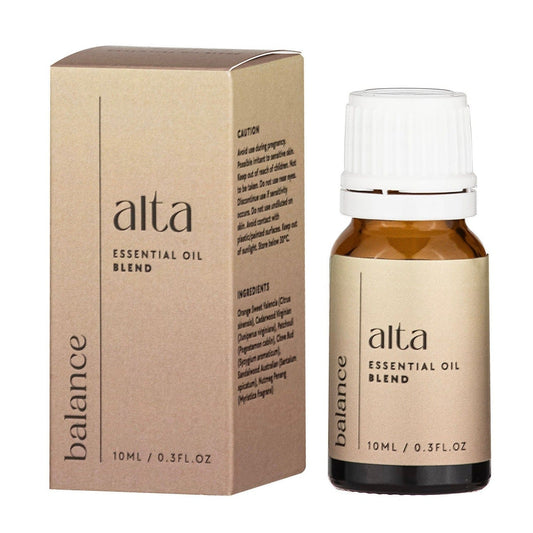 Alta essential oil blend bottle and box on a white background. Ingredients: Orange, Cedarwood, Patchouli, Clove, Sandalwood & Nutmeg essential oils.
