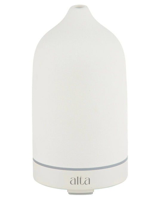 Ultrasonic aroma diffuser white Alta transforming room ambience and delivering beautiful essential oils into your home or office.