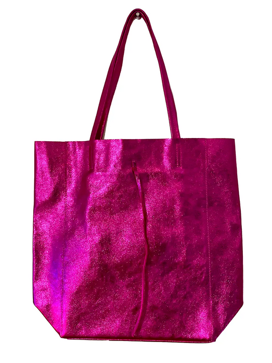 Maison Fanli Large Pink Metallic tote hanging on a hook. Such a great, versatile bag.