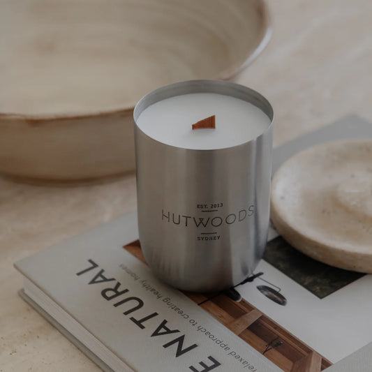 Close-up of wood wick in Hutwoods candles in a silver container