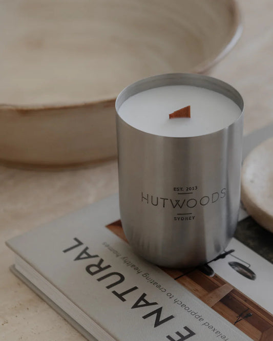 Close-up of wood wick in Hutwoods candles in a silver container