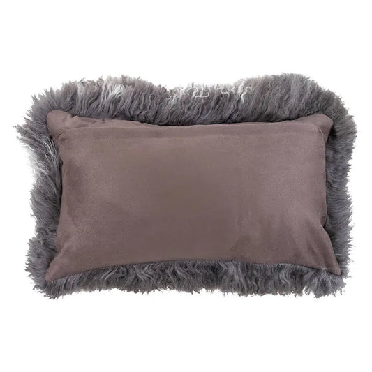 The back view of the Hides of Excellence Charcoal and White Mongolian sheepskin lumbar cushion.