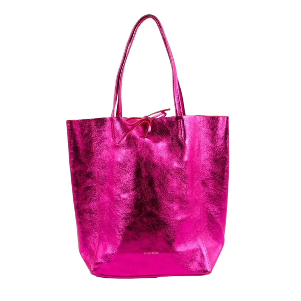 Metallic Leather Tote - Large - Fuchsia