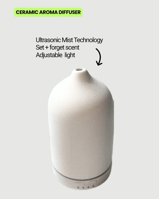 Ceramic aroma diffuser with ultrasonic mist technology and soft ambient light as part of the Scented Space Gift Bag