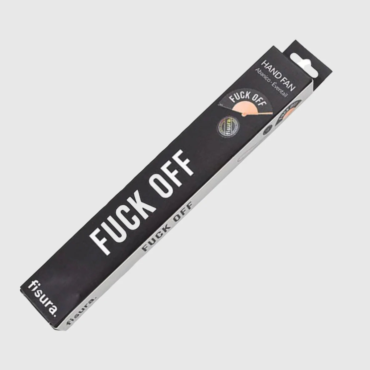 Hand fan packaging with 'FUCK OFF' text on a gray background