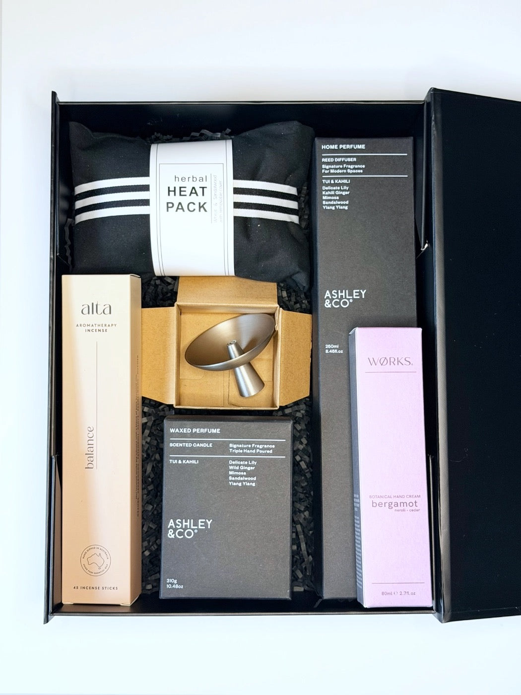 Luxe Rituals Wellbeing Edit gift box with Ashley & Co candle diffuser and wellness essentials