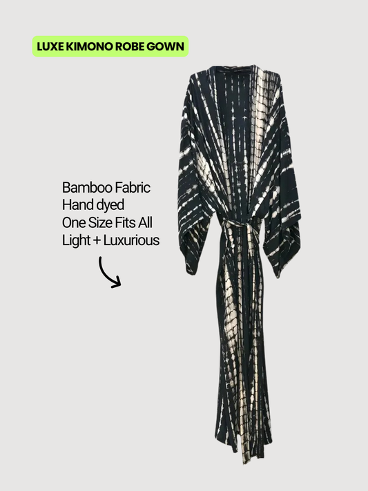 Luxury black and white kimono robe, hand-dyed bamboo fabric, lightweight and one size fits all, featured in The Sunday Robe gift box