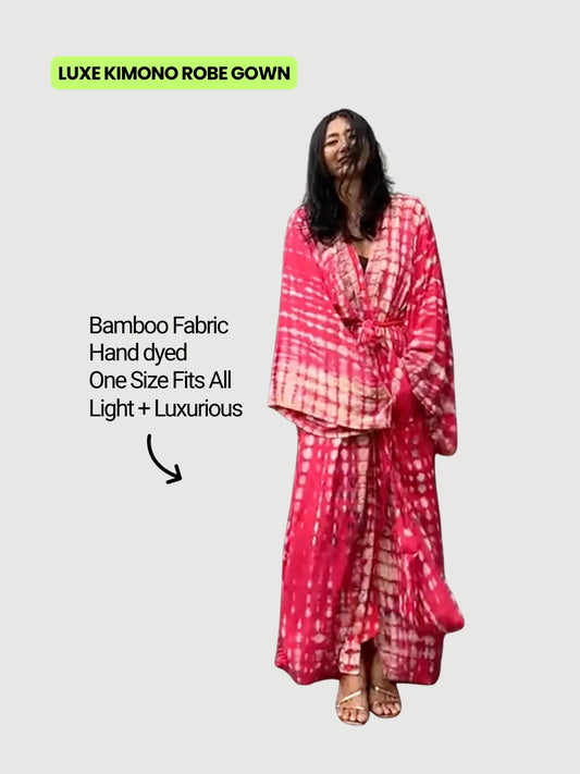Pink patterned kimono robe in lightweight plant based fabric, relaxed fit for lounging or travel