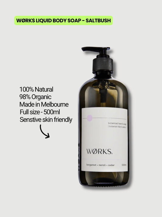 WØRKS saltbush liquid body wash 500ml in refillable glass bottle, natural and sensitive skin friendly
