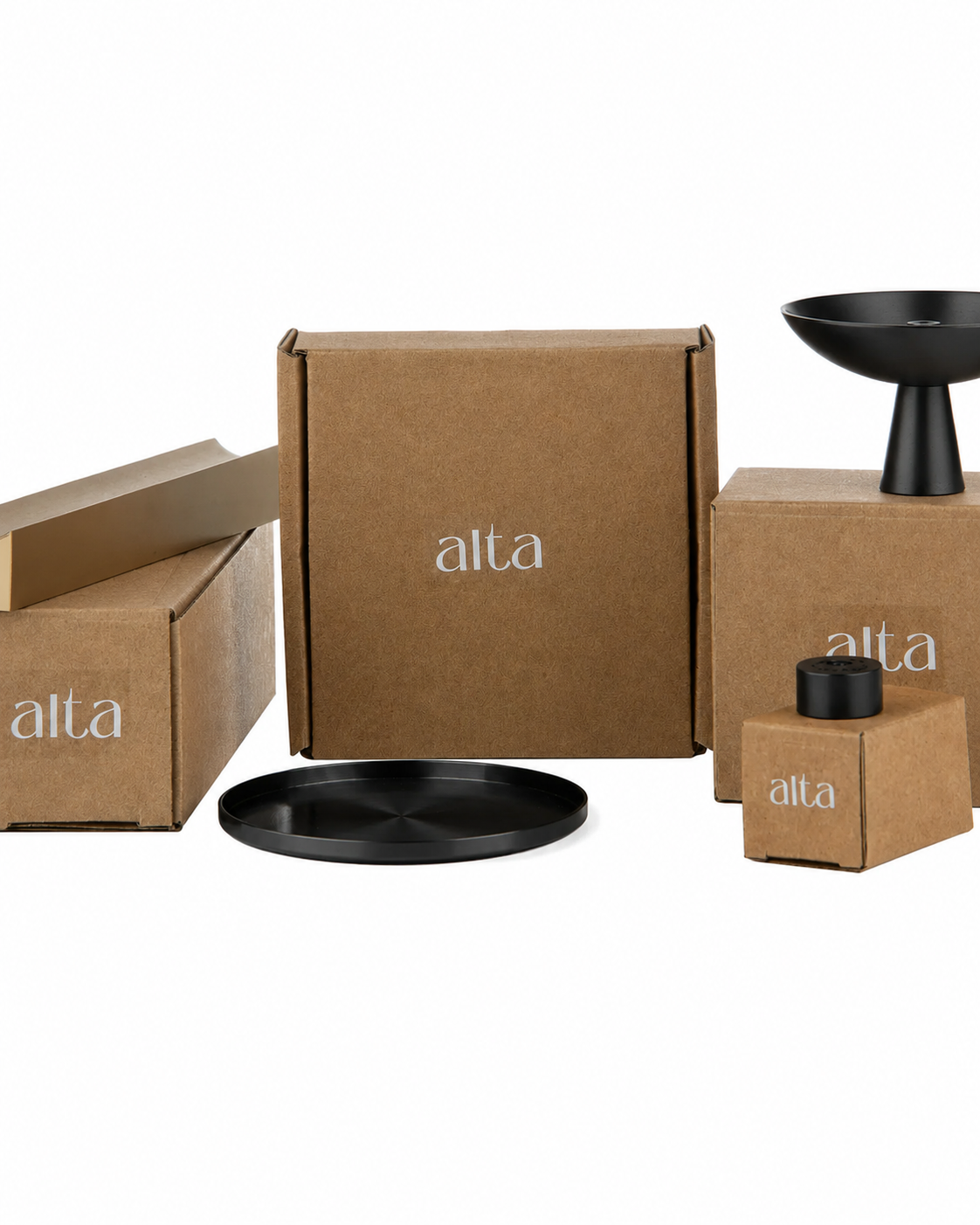 Alta Saturn incense holder packaging alongside the black finish incense holder, presented in branded Alta gift boxes.