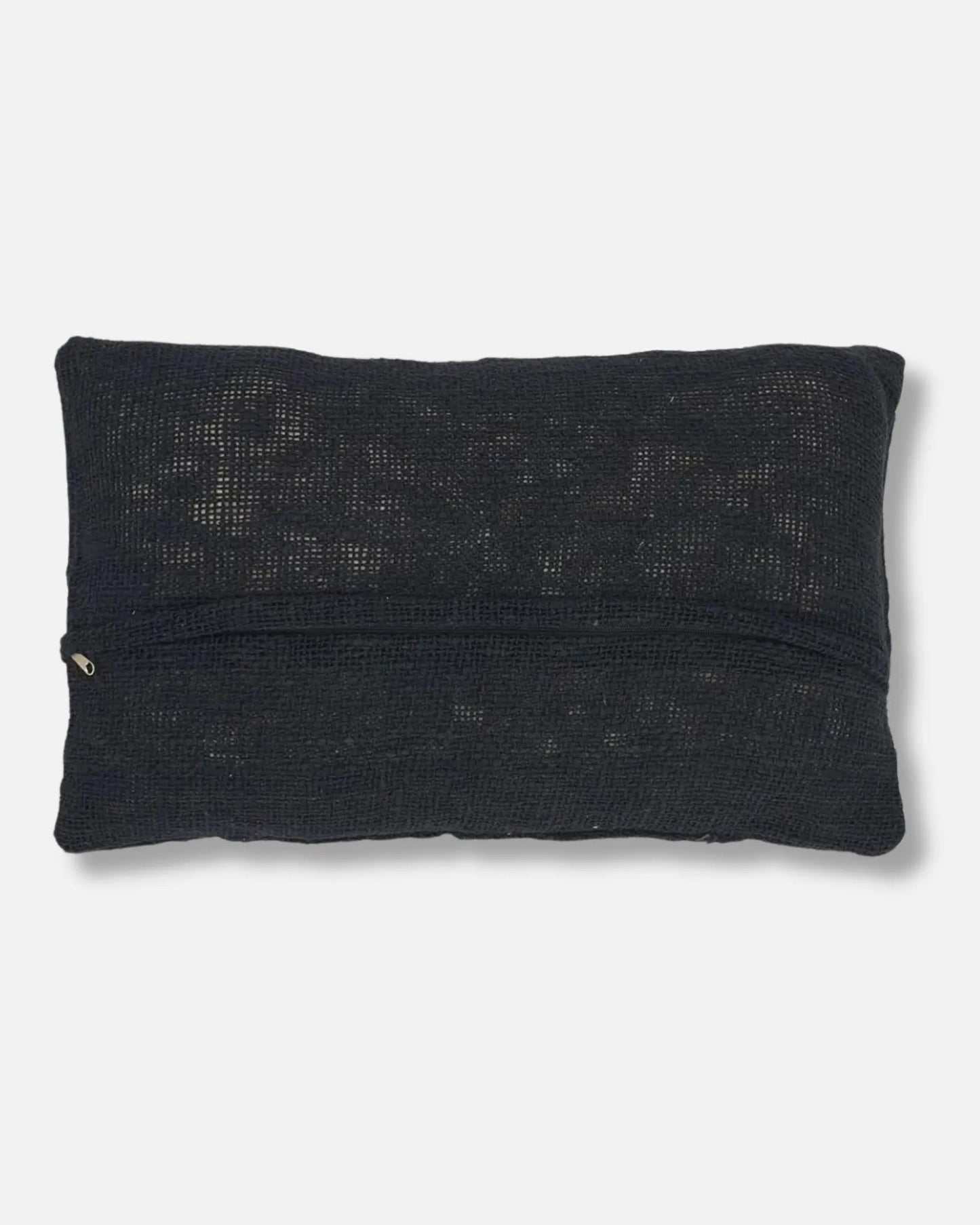 A rectangular black knit throw pillow back with zip, shown against a light grey background.