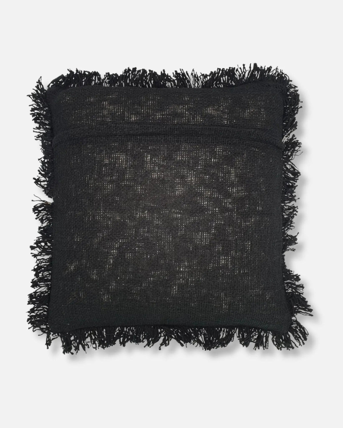A square black textured throw pillow with fringed edges, shown against a light gray background.