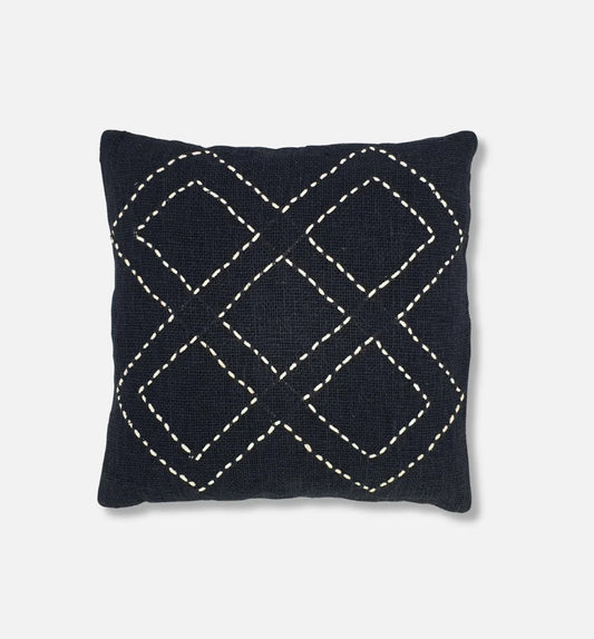 Black Raw Linen Cushion with White Diamond Stitch