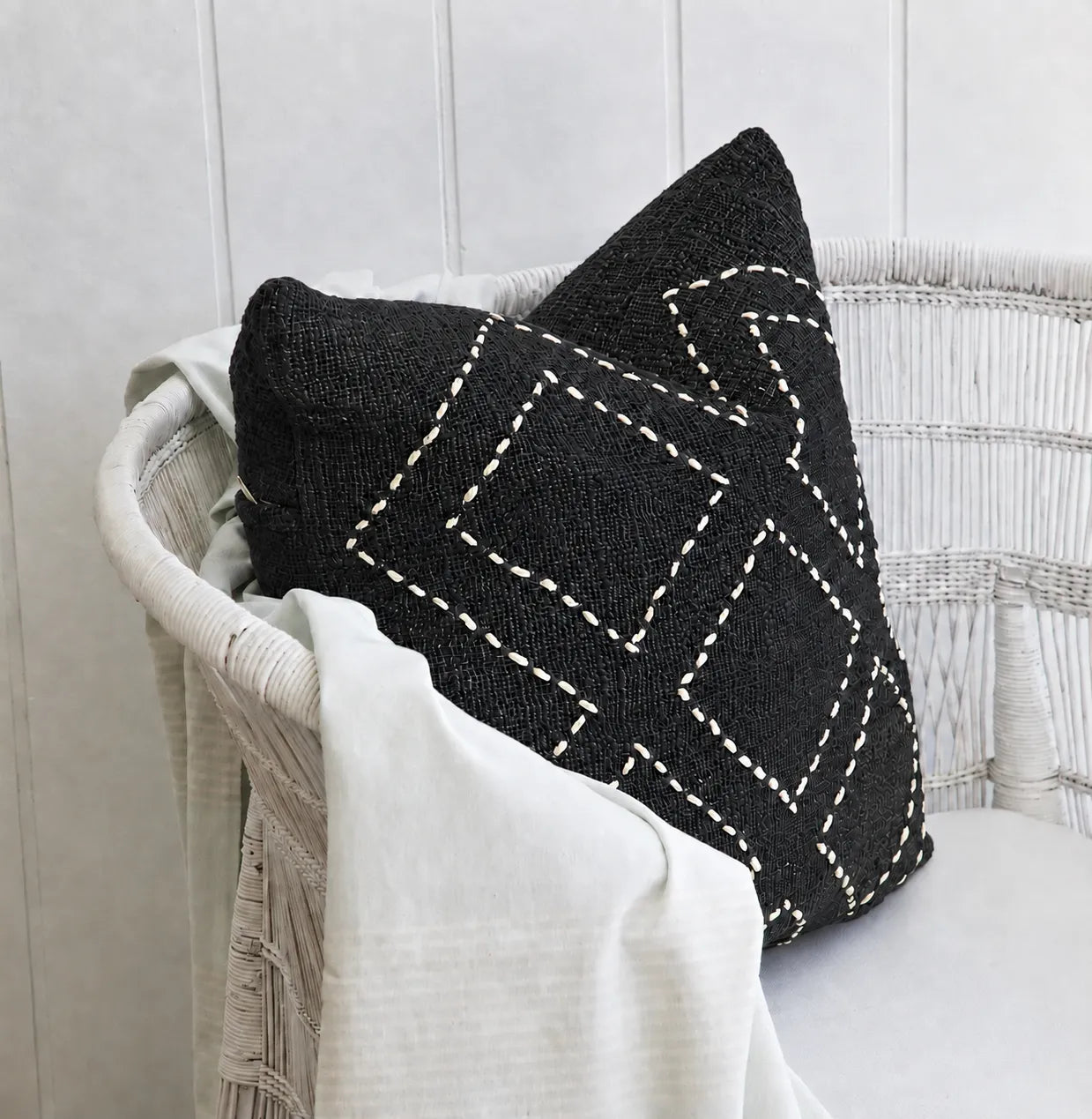 Black Raw Linen Cushion with White Diamond Stitch